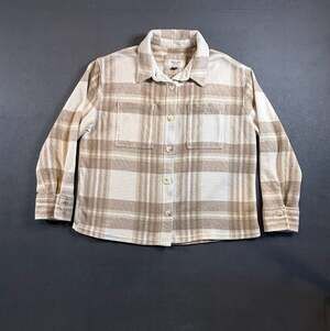 American Eagle Fleece Plaid Shacket Size M Brown Cream Button Up
